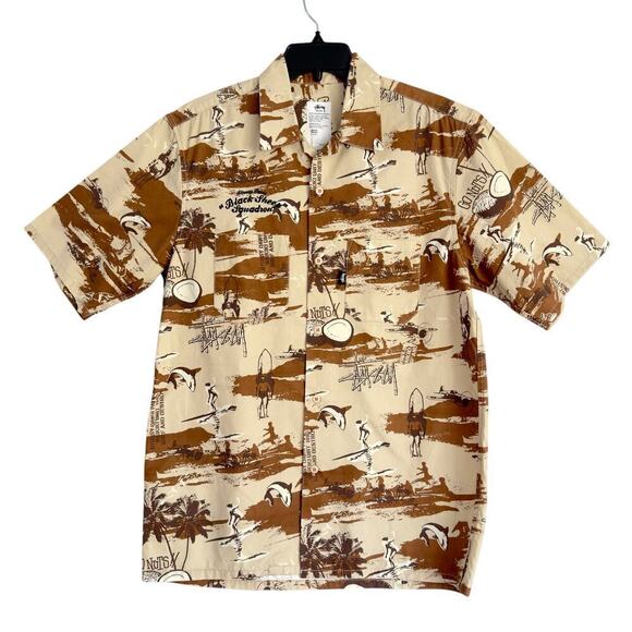 Stussy Surf & Destroy sz LARGE Shirt Short Sleeve Button Up Black Sheep Go Nuts - Picture 1 of 5